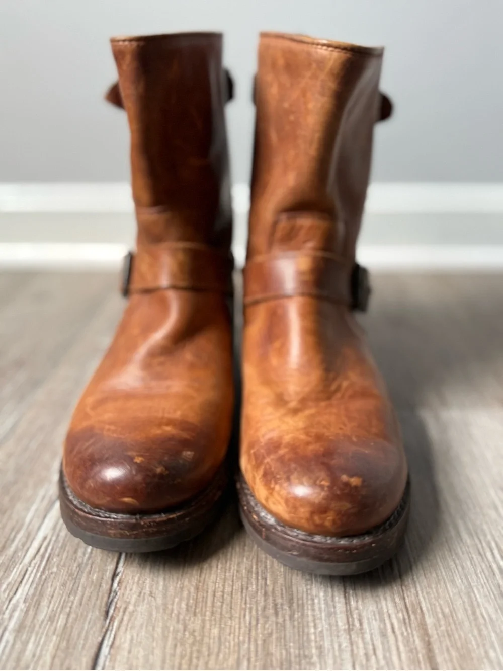 Frye Veronica Shortie Boots Size 7.5 Brown Leather Buckle Moto Ankle Boots
